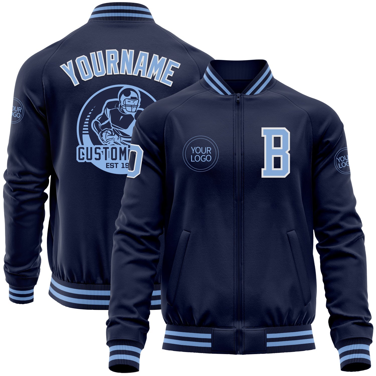 Custom Navy Light Blue-White Bomber Varsity Letterman Zipper Jacket - Main View