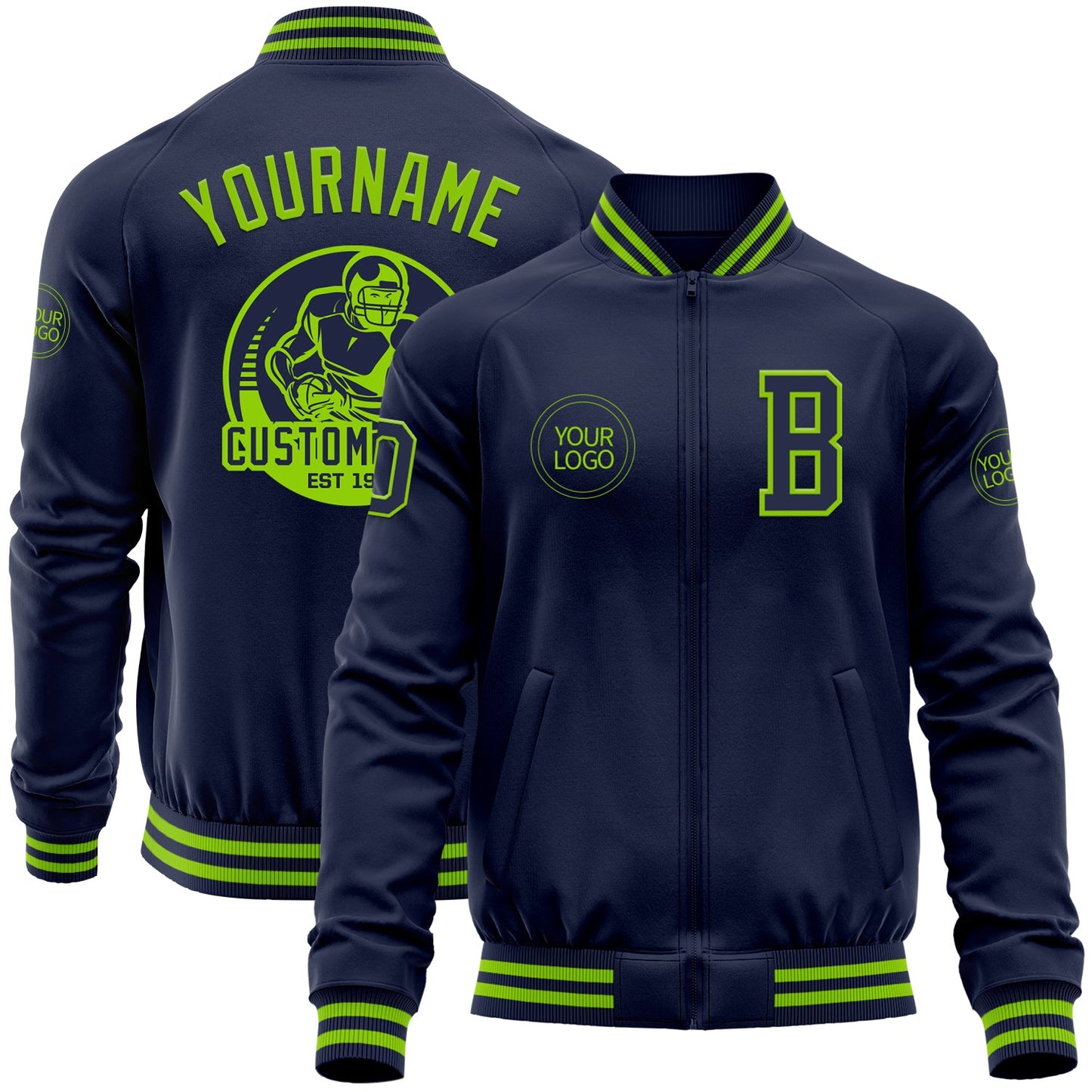 Custom Navy Neon Green Bomber Varsity Letterman Zipper Jacket - Main View