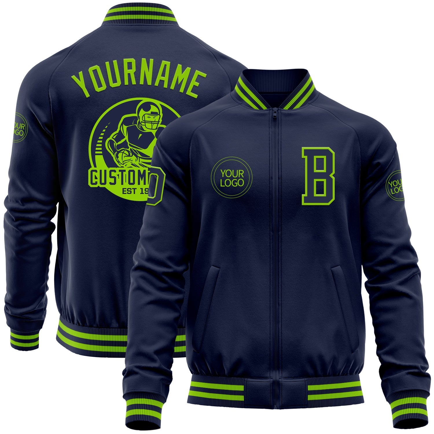 Custom Navy Neon Green Bomber Varsity Letterman Zipper Jacket - Main View