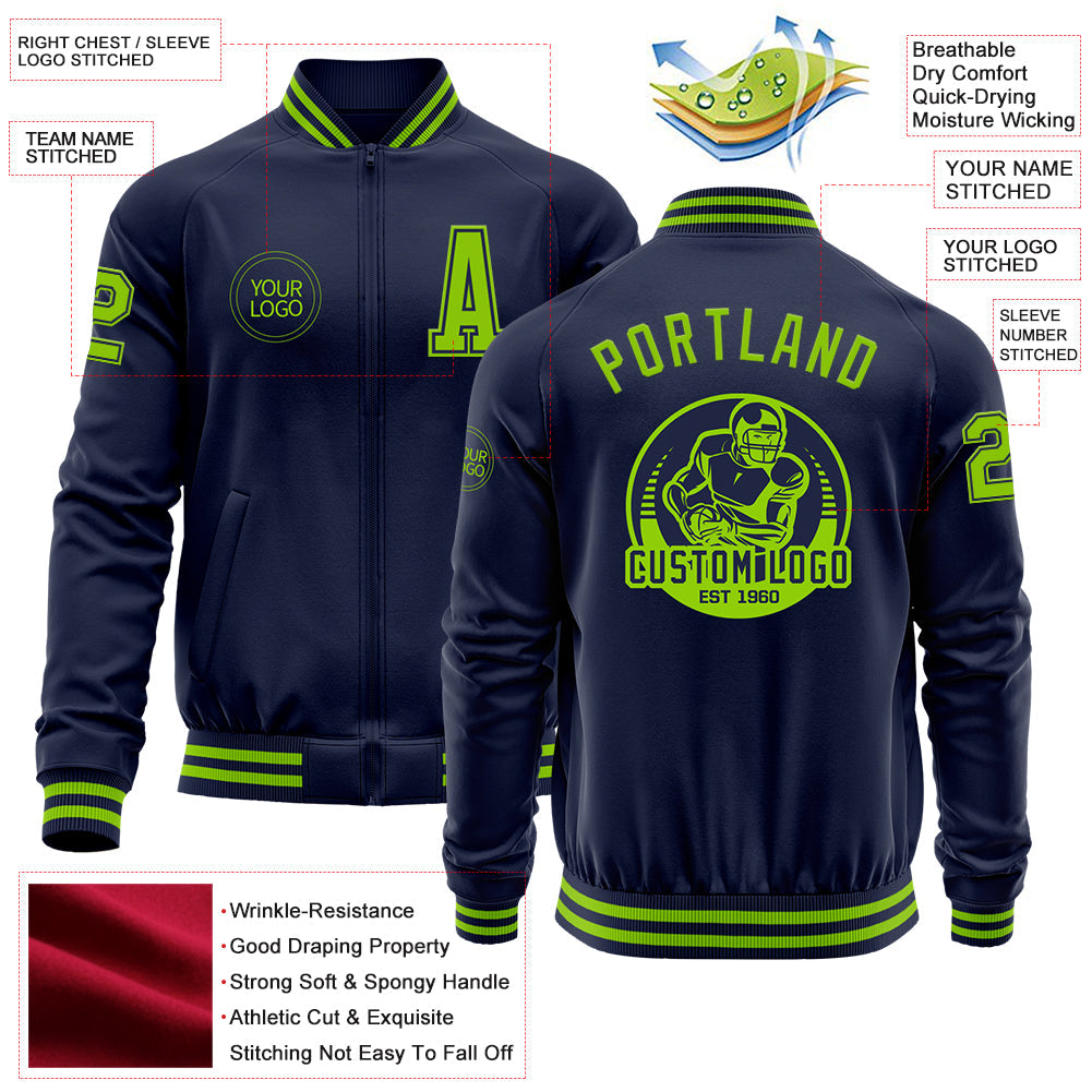Custom Navy Neon Green Bomber Varsity Letterman Zipper Jacket view 4