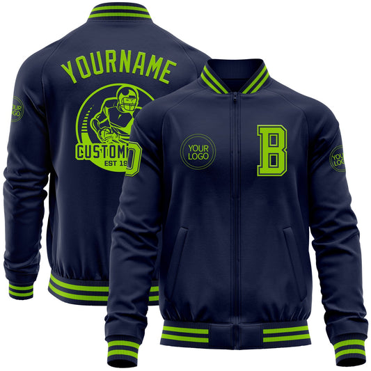 Custom Navy Neon Green Bomber Varsity Letterman Zipper Jacket - Main View
