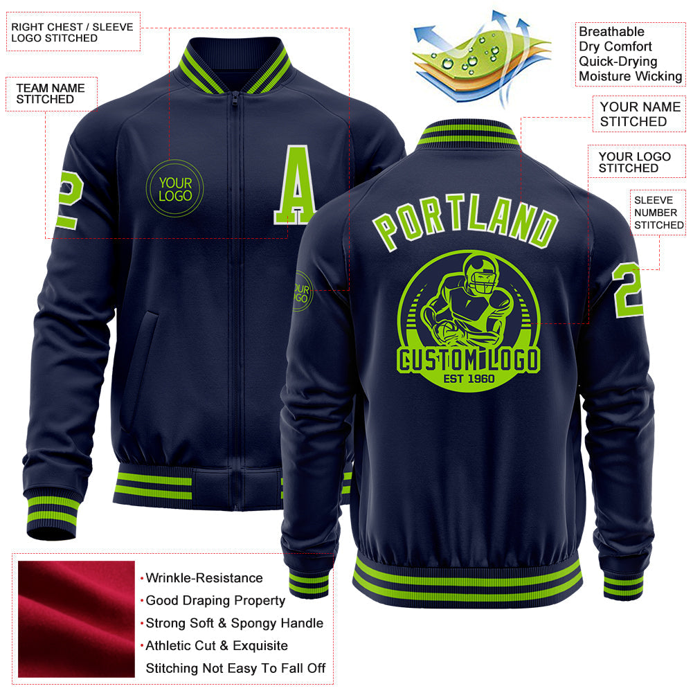 Custom Navy Neon Green-White Bomber Varsity Letterman Zipper Jacket view 4