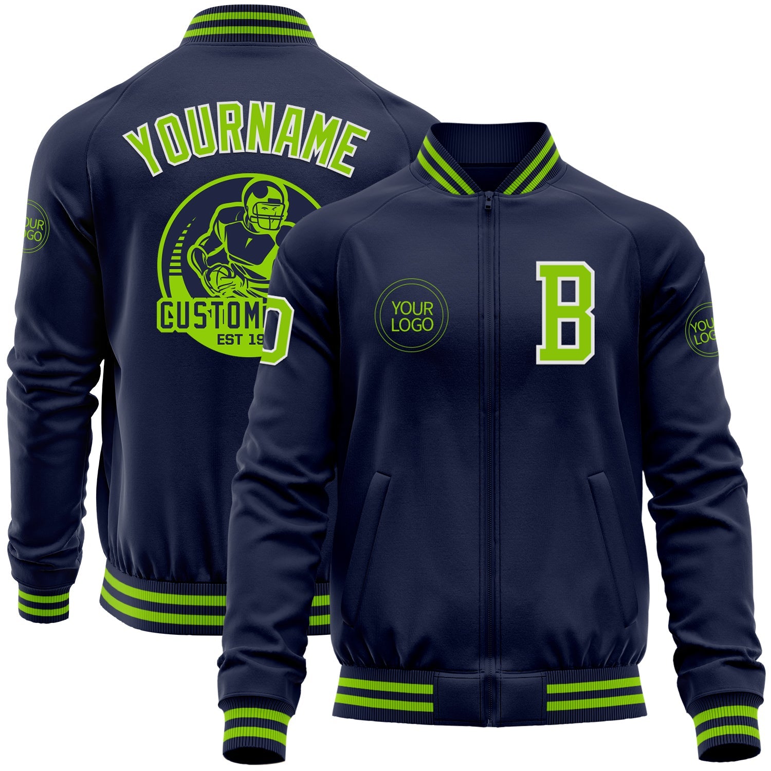 Custom Navy Neon Green-White Bomber Varsity Letterman Zipper Jacket - Main View