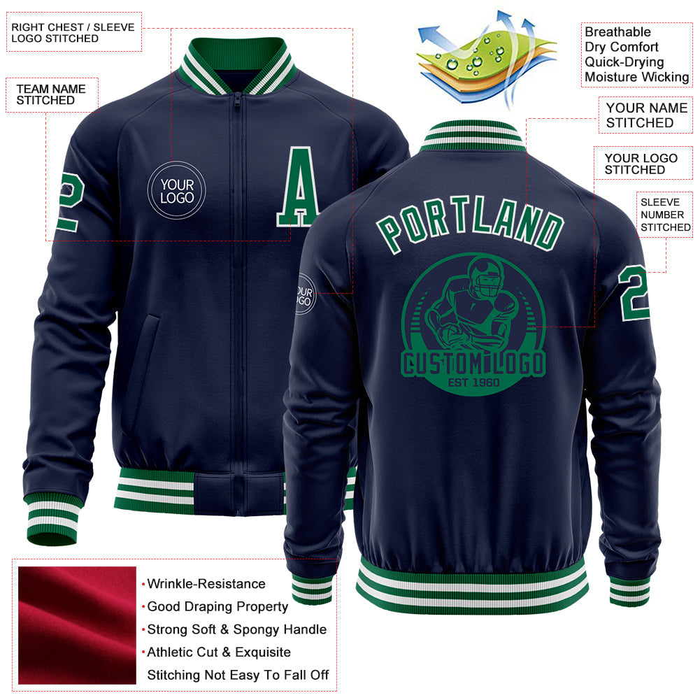 Custom Navy Kelly Green-White Bomber Varsity Letterman Zipper Jacket view 4