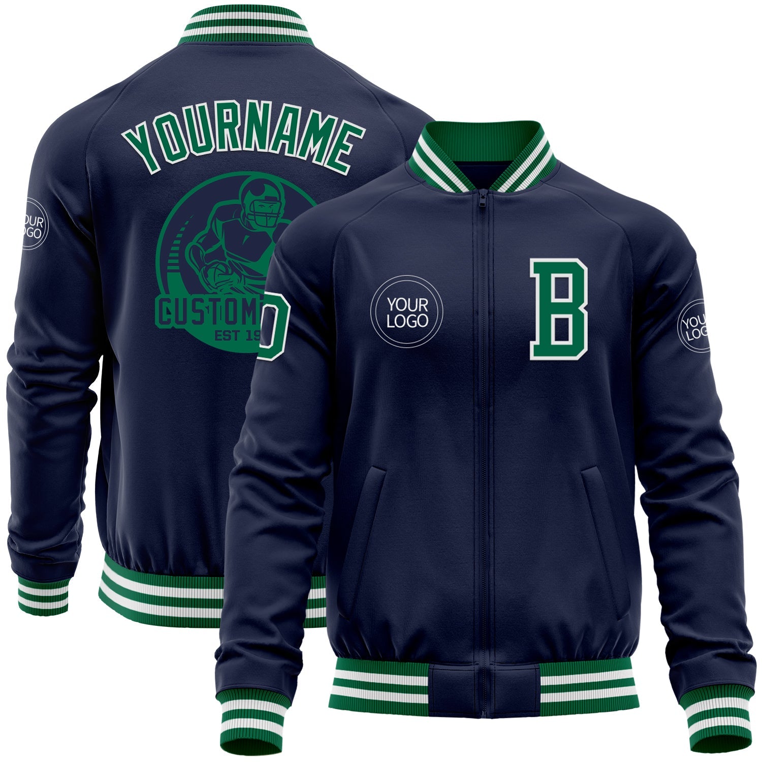 Custom Navy Kelly Green-White Bomber Varsity Letterman Zipper Jacket - Main View