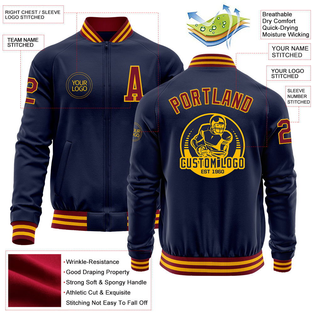 Custom Navy Crimson-Gold Bomber Varsity Letterman Zipper Jacket view 4