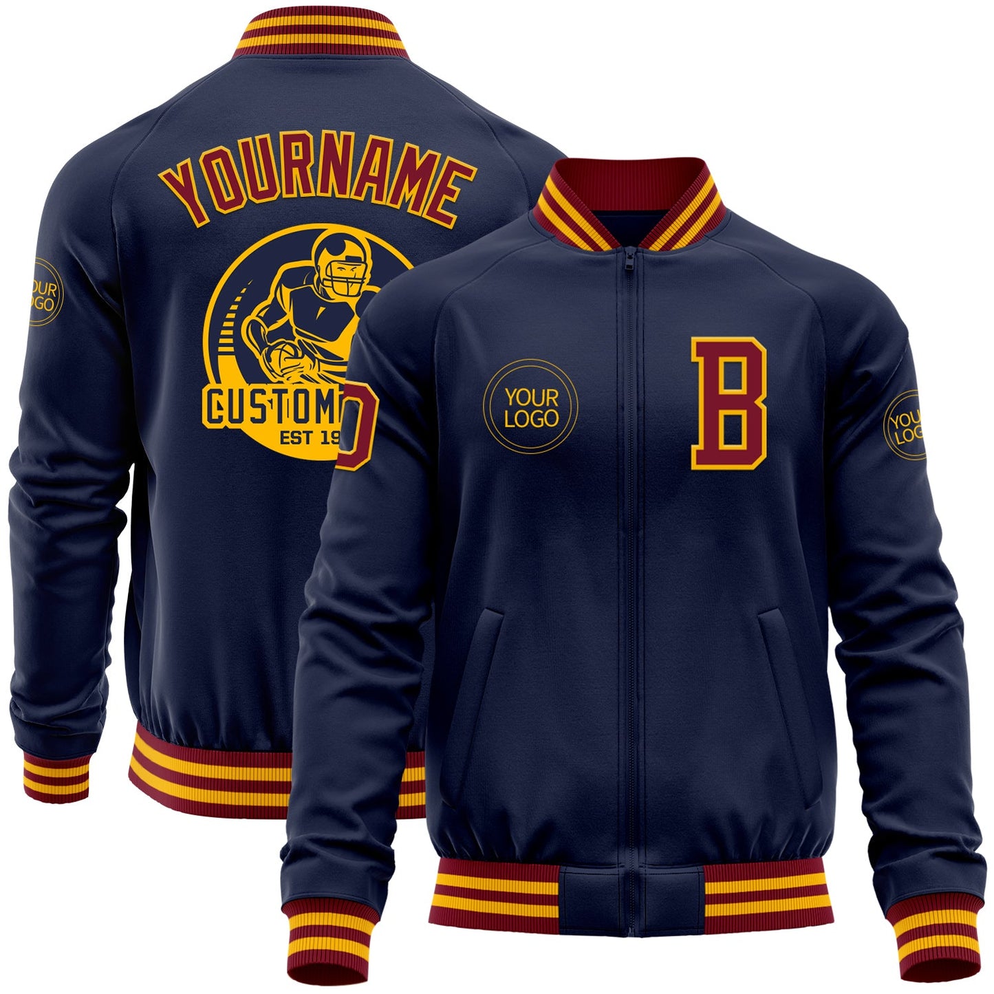 Custom Navy Crimson-Gold Bomber Varsity Letterman Zipper Jacket - Main View