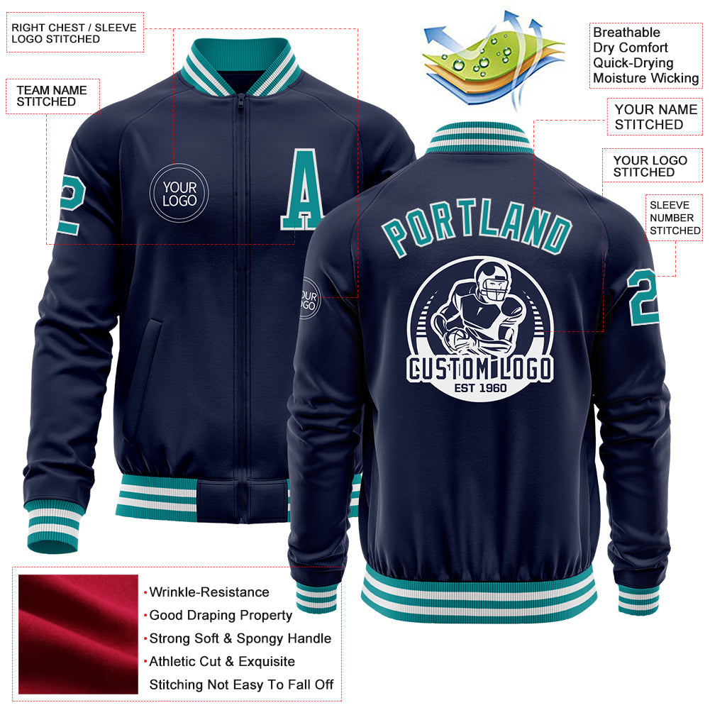 Custom Navy Teal-White Bomber Varsity Letterman Zipper Jacket view 4