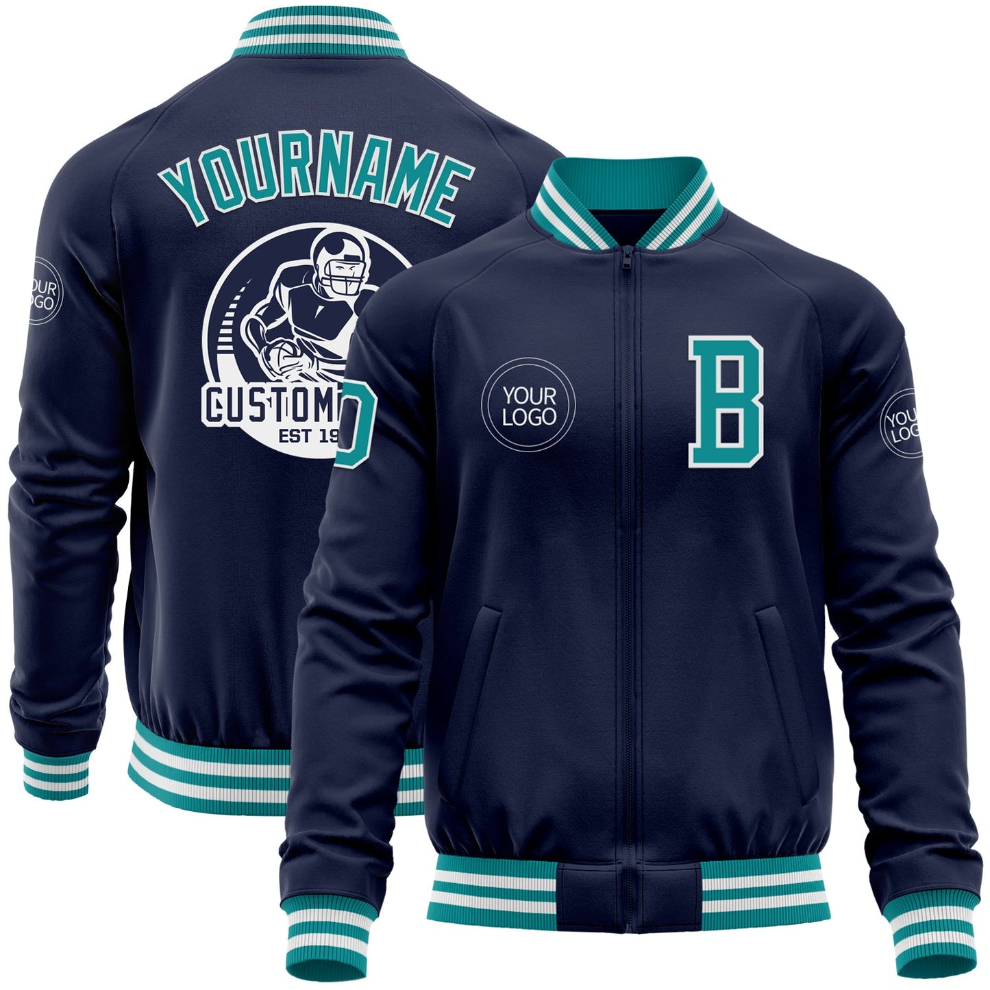 Custom Navy Teal-White Bomber Varsity Letterman Zipper Jacket - Main View