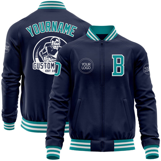 Custom Navy Teal-White Bomber Varsity Letterman Zipper Jacket - Main View