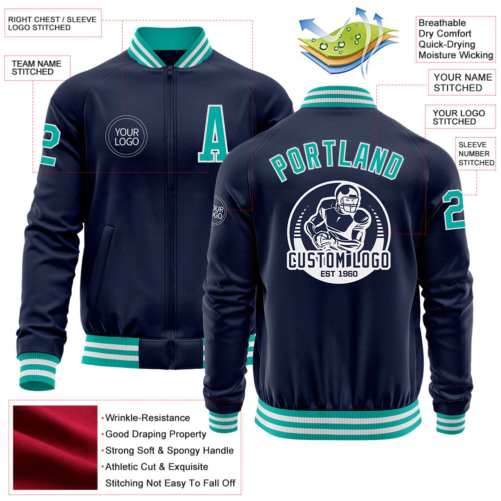 Custom Navy Aqua-White Bomber Varsity Letterman Zipper Jacket view 4