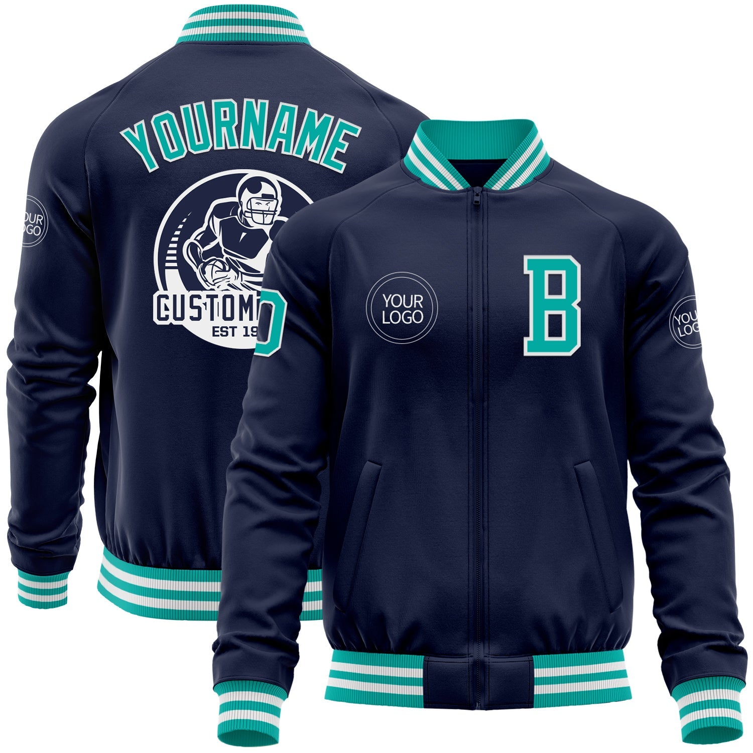 Custom Navy Aqua-White Bomber Varsity Letterman Zipper Jacket - Main View