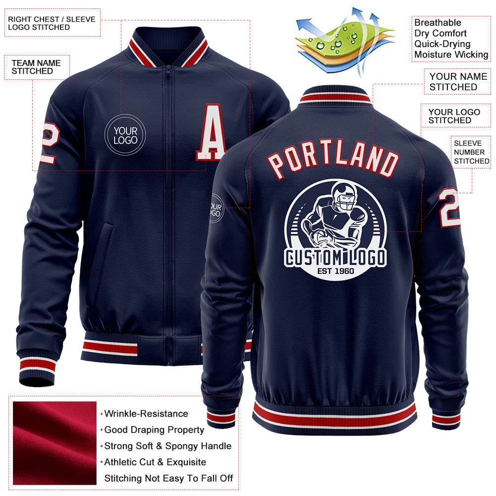 Custom Navy White-Red Bomber Varsity Letterman Zipper Jacket view 4