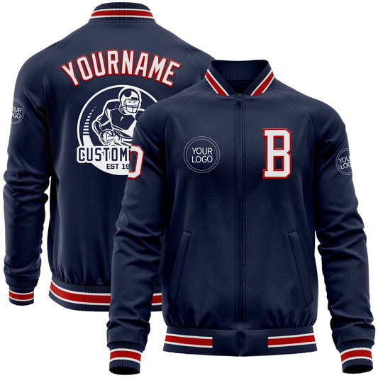 Custom Navy White-Red Bomber Varsity Letterman Zipper Jacket - Main View