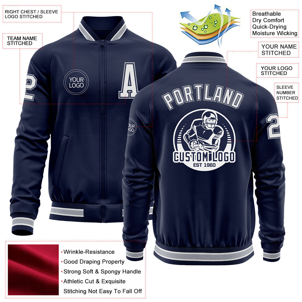 Custom Navy White-Gray Bomber Varsity Letterman Zipper Jacket view 4
