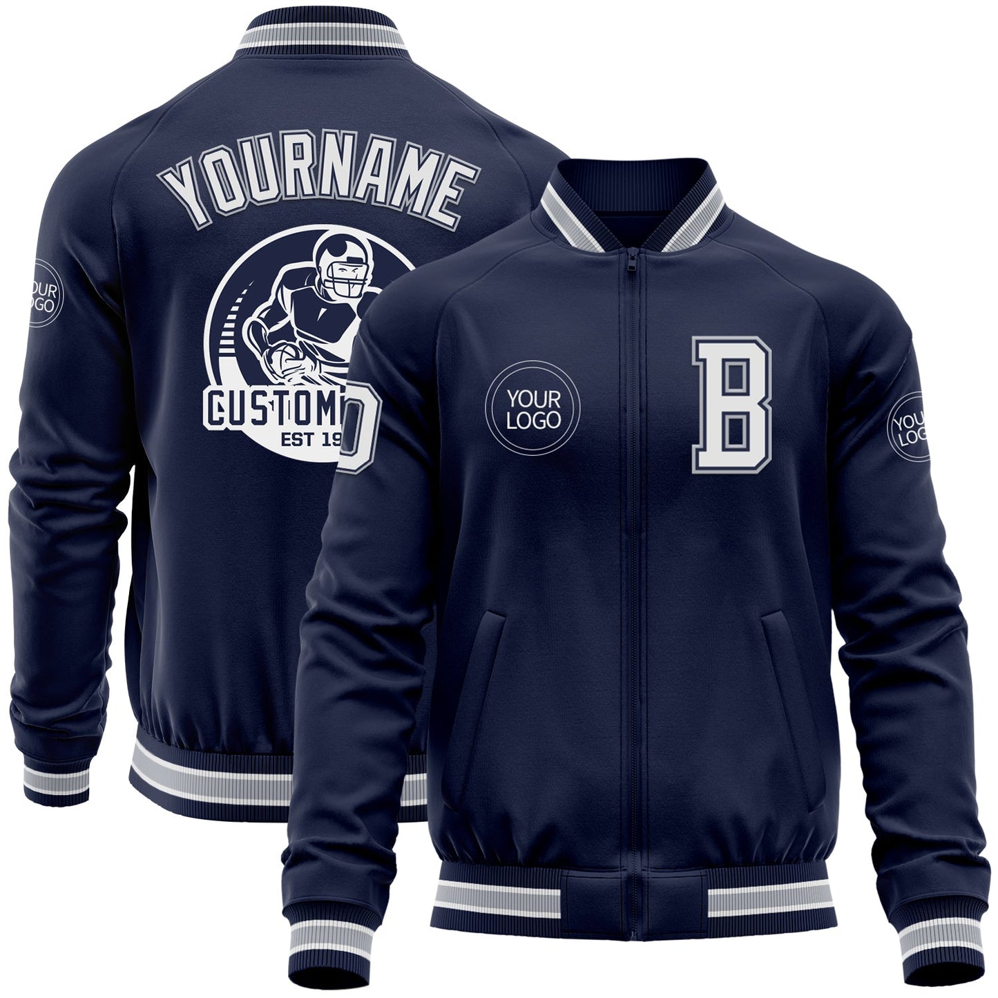 Custom Navy White-Gray Bomber Varsity Letterman Zipper Jacket - Main View