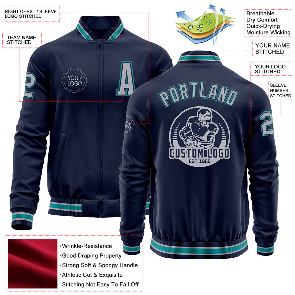 Custom Navy Gray-Teal Bomber Varsity Letterman Zipper Jacket view 4