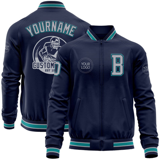 Custom Navy Gray-Teal Bomber Varsity Letterman Zipper Jacket - Main View