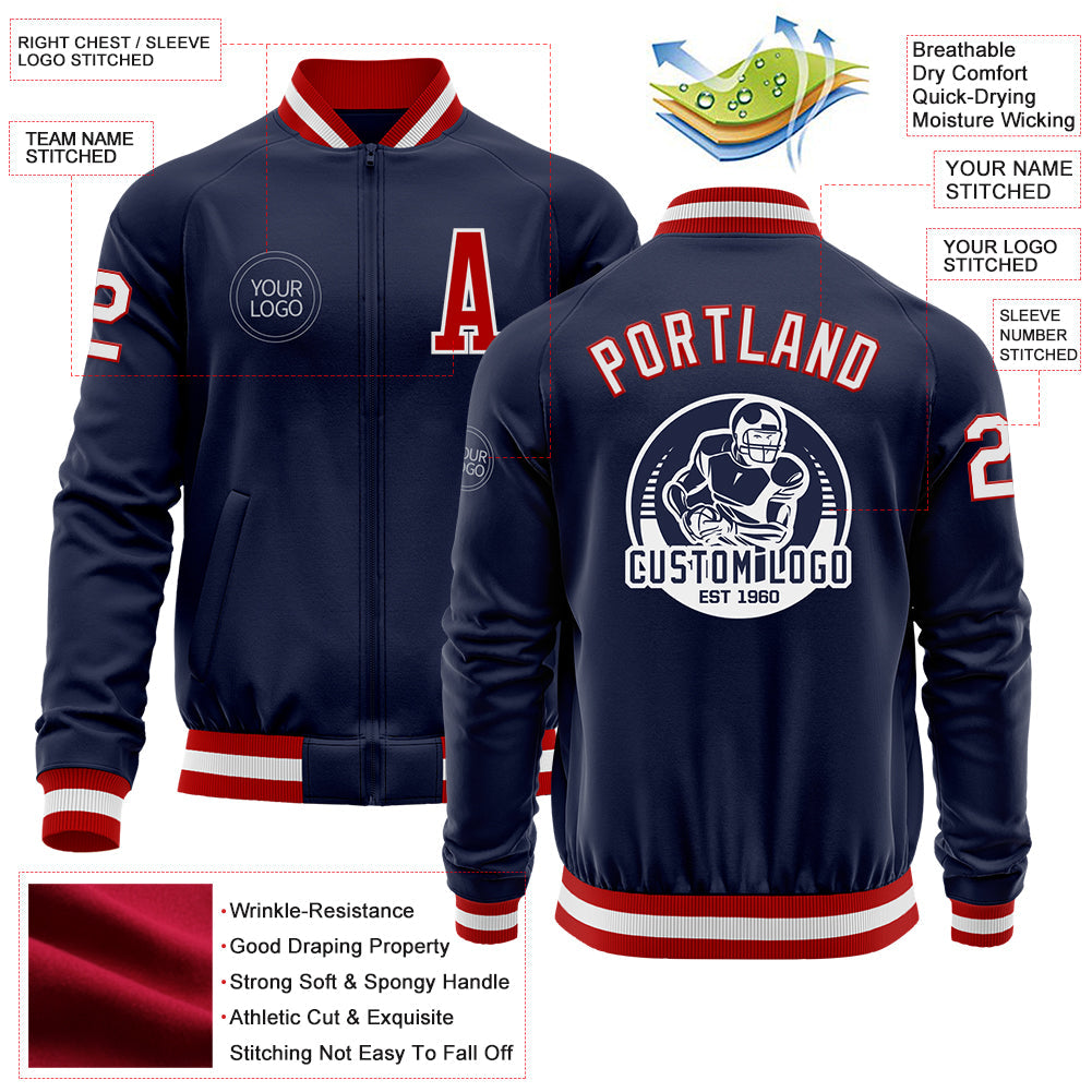 Custom Navy White-Red Bomber Varsity Letterman Zipper Jacket view 4