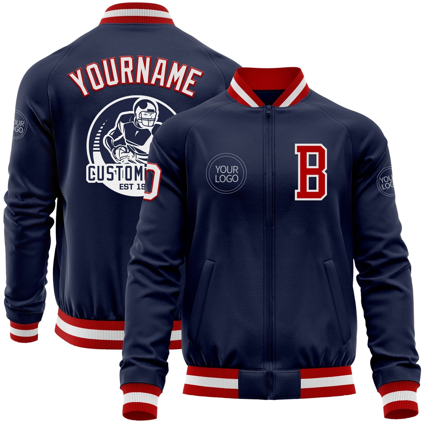 Custom Navy White-Red Bomber Varsity Letterman Zipper Jacket - Main View