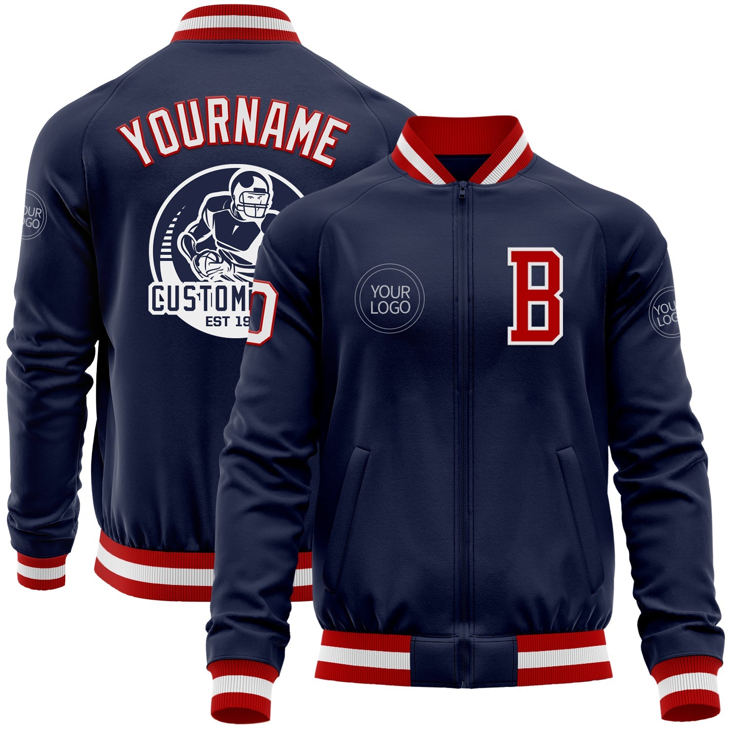 Custom Navy White-Red Bomber Varsity Letterman Zipper Jacket - Main View