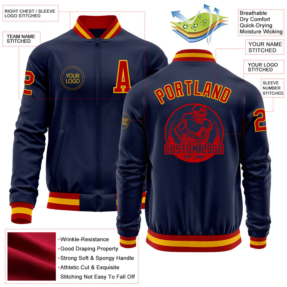 Custom Navy Red-Gold Bomber Varsity Letterman Zipper Jacket view 4