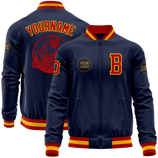Custom Navy Red-Gold Bomber Varsity Letterman Zipper Jacket - Main View