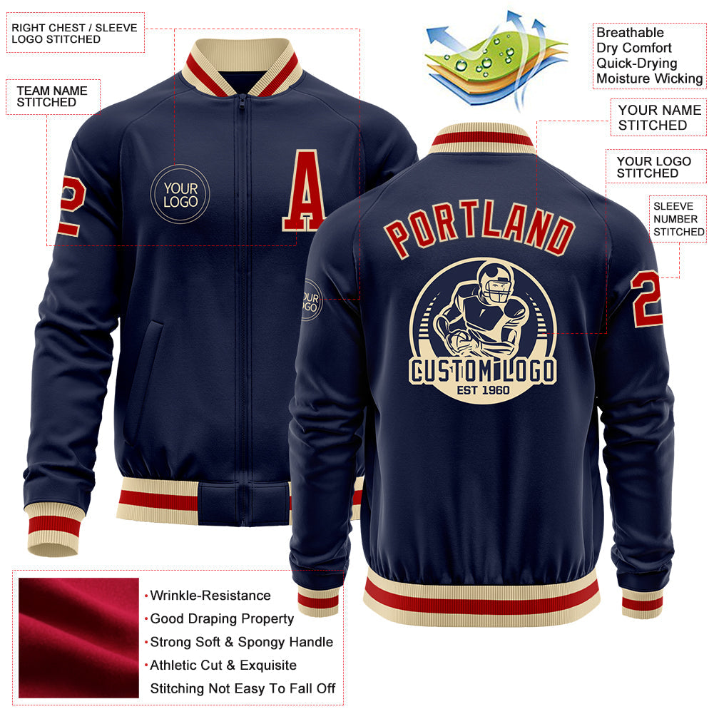 Custom Navy Red-Cream Bomber Varsity Letterman Zipper Jacket view 4
