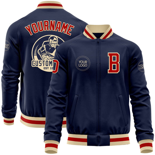 Custom Navy Red-Cream Bomber Varsity Letterman Zipper Jacket - Main View