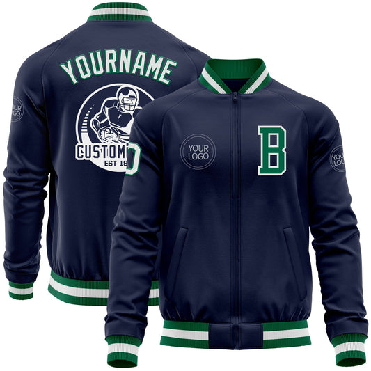 Custom Navy White-Kelly Green Bomber Varsity Letterman Zipper Jacket - Main View