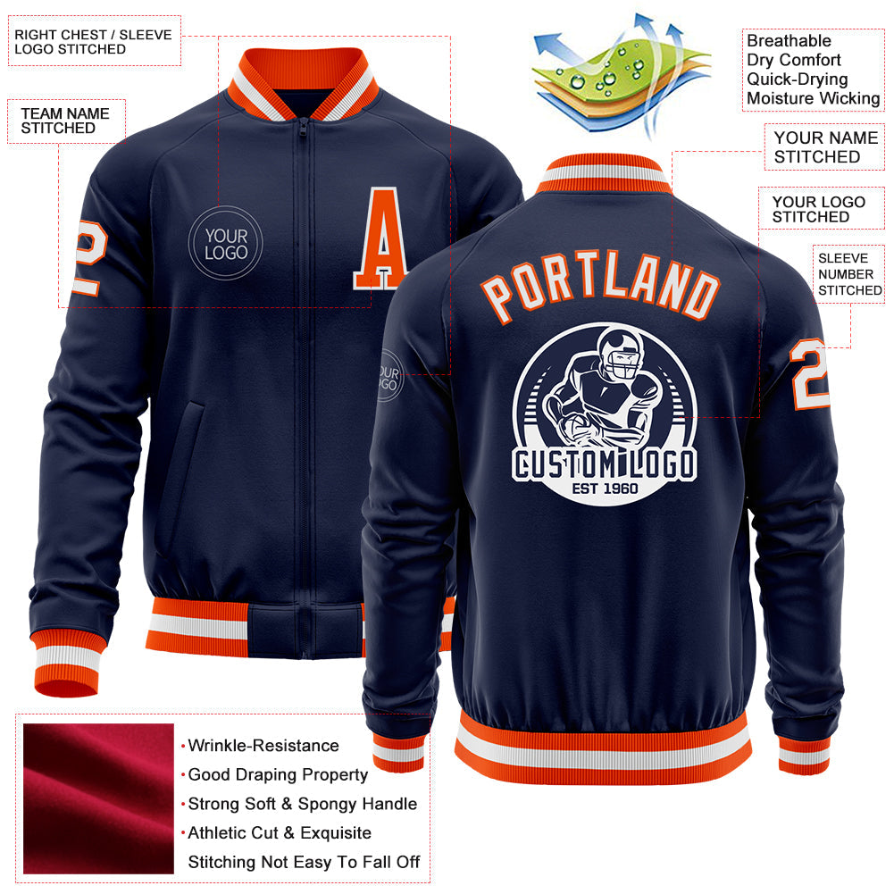 Custom Navy White-Orange Bomber Varsity Letterman Zipper Jacket view 4