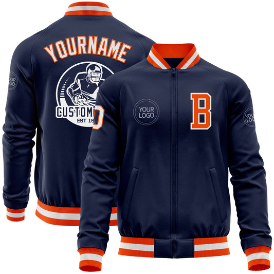 Custom Navy White-Orange Bomber Varsity Letterman Zipper Jacket - Main View