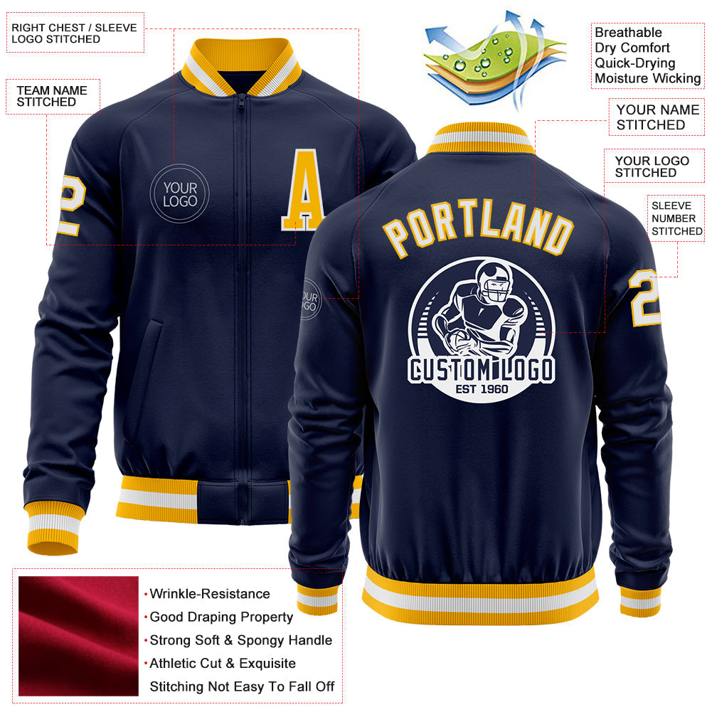 Custom Navy White-Gold Bomber Varsity Letterman Zipper Jacket view 4