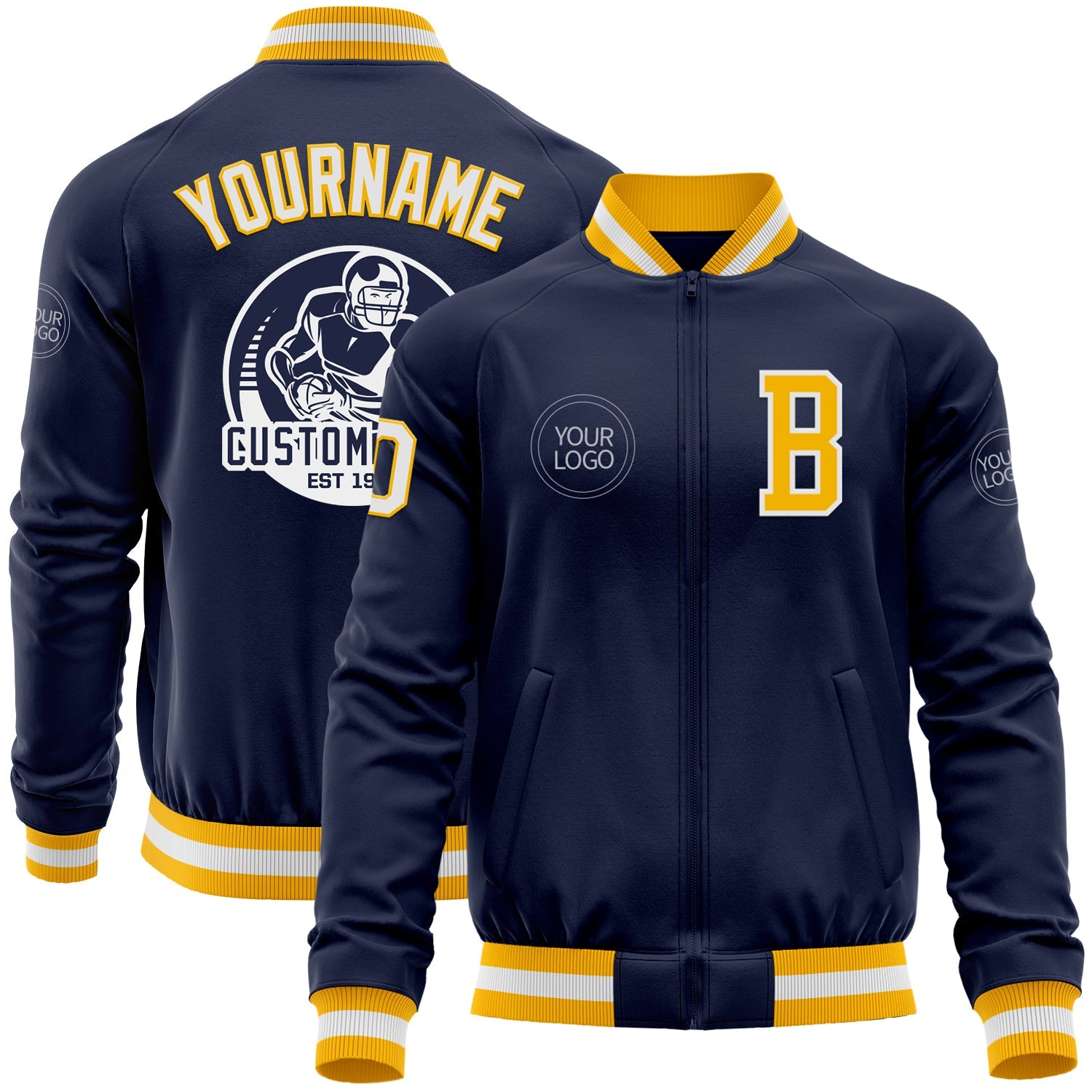Custom Navy White-Gold Bomber Varsity Letterman Zipper Jacket - Main View