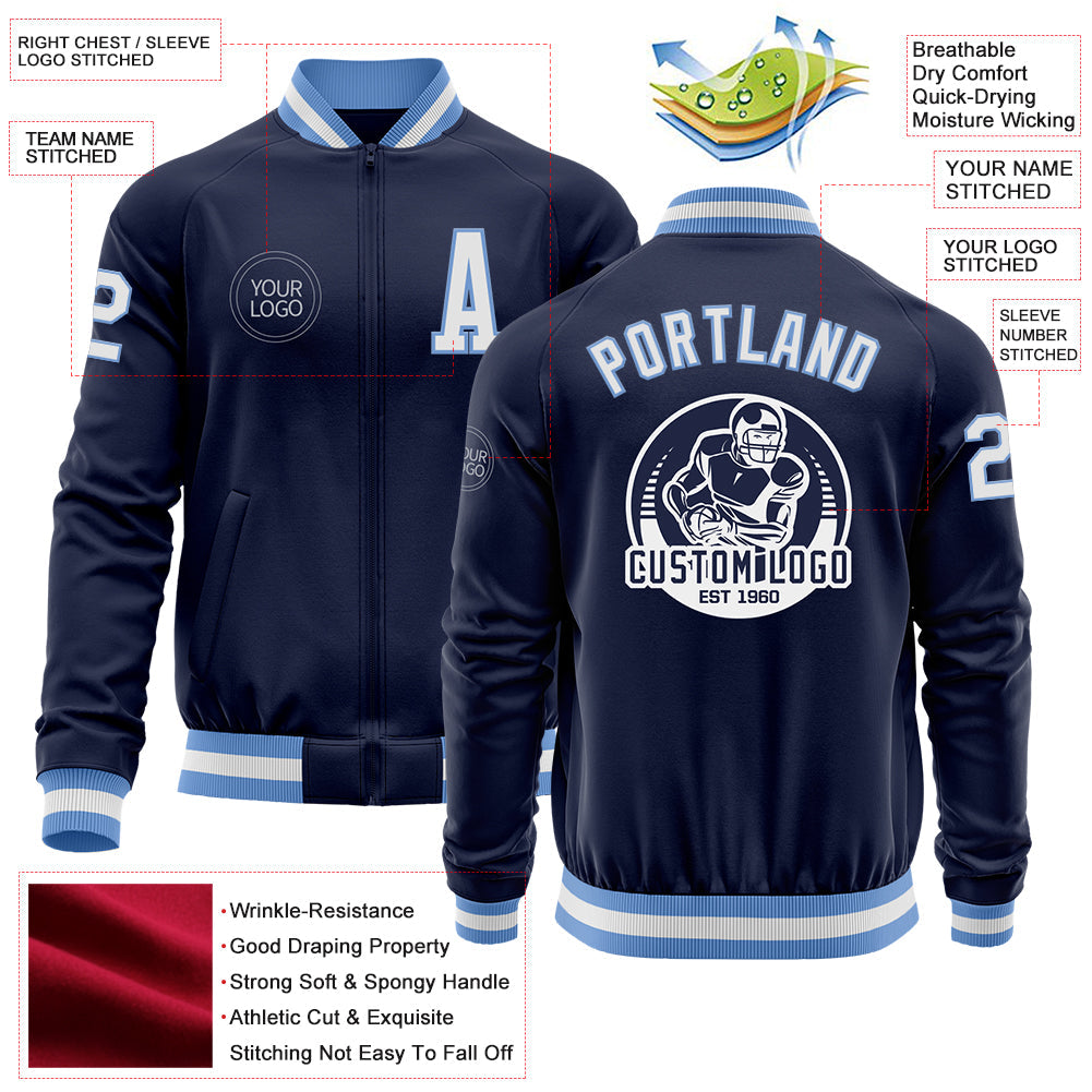 Custom Navy White-Light Blue Bomber Varsity Letterman Zipper Jacket view 4