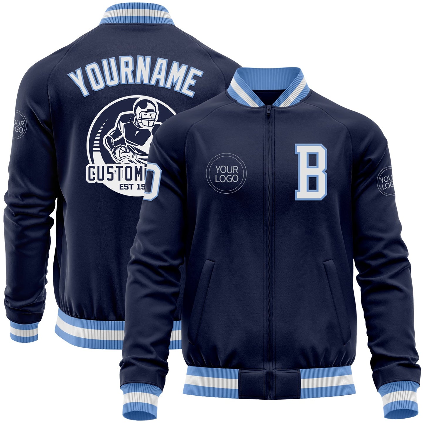 Custom Navy White-Light Blue Bomber Varsity Letterman Zipper Jacket - Main View