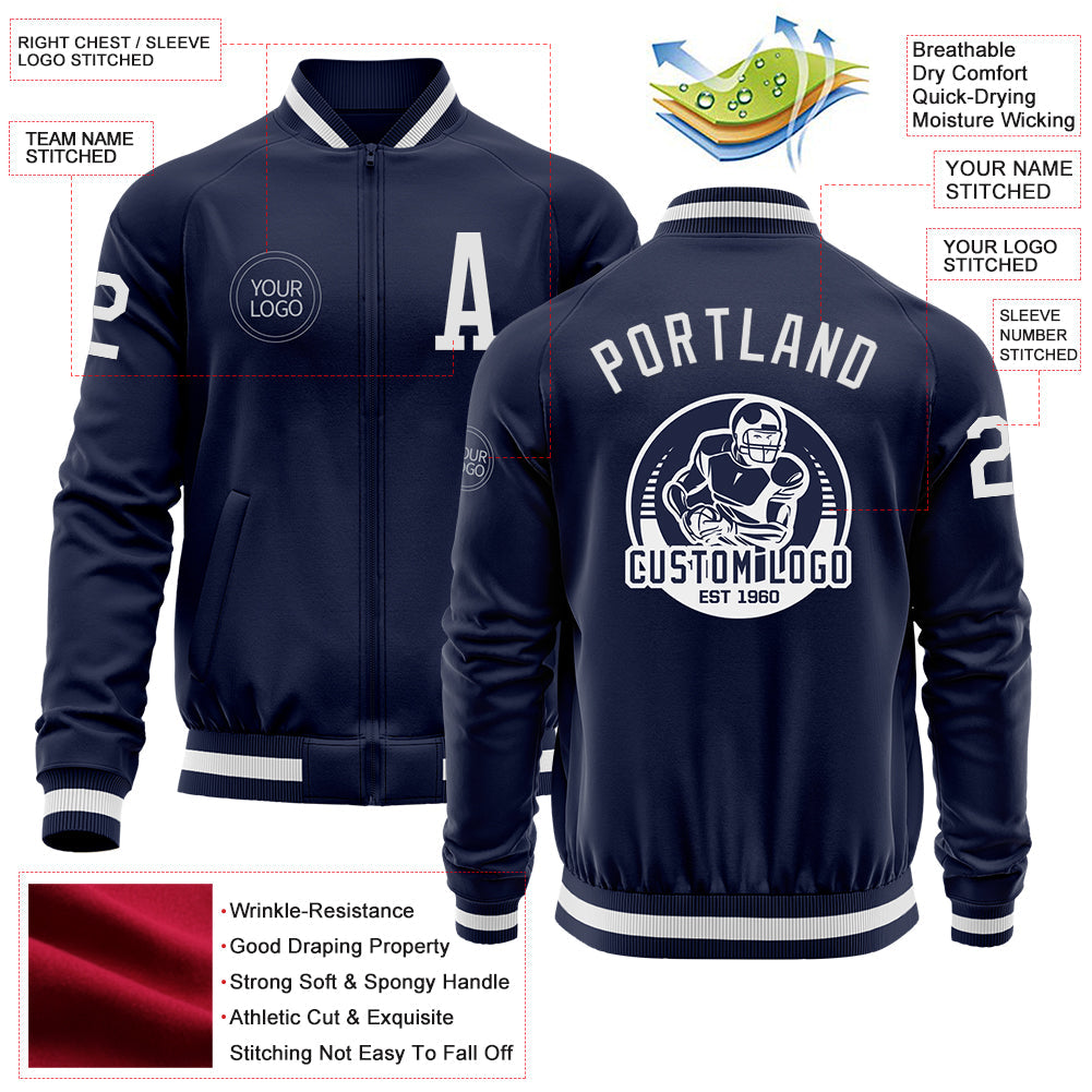 Custom Navy White Bomber Varsity Letterman Zipper Jacket view 4