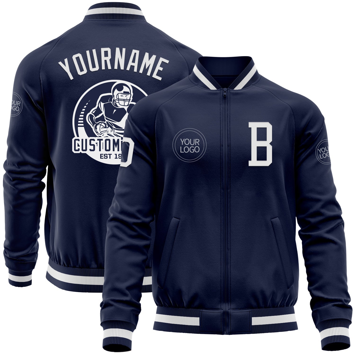 Custom Navy White Bomber Varsity Letterman Zipper Jacket - Main View