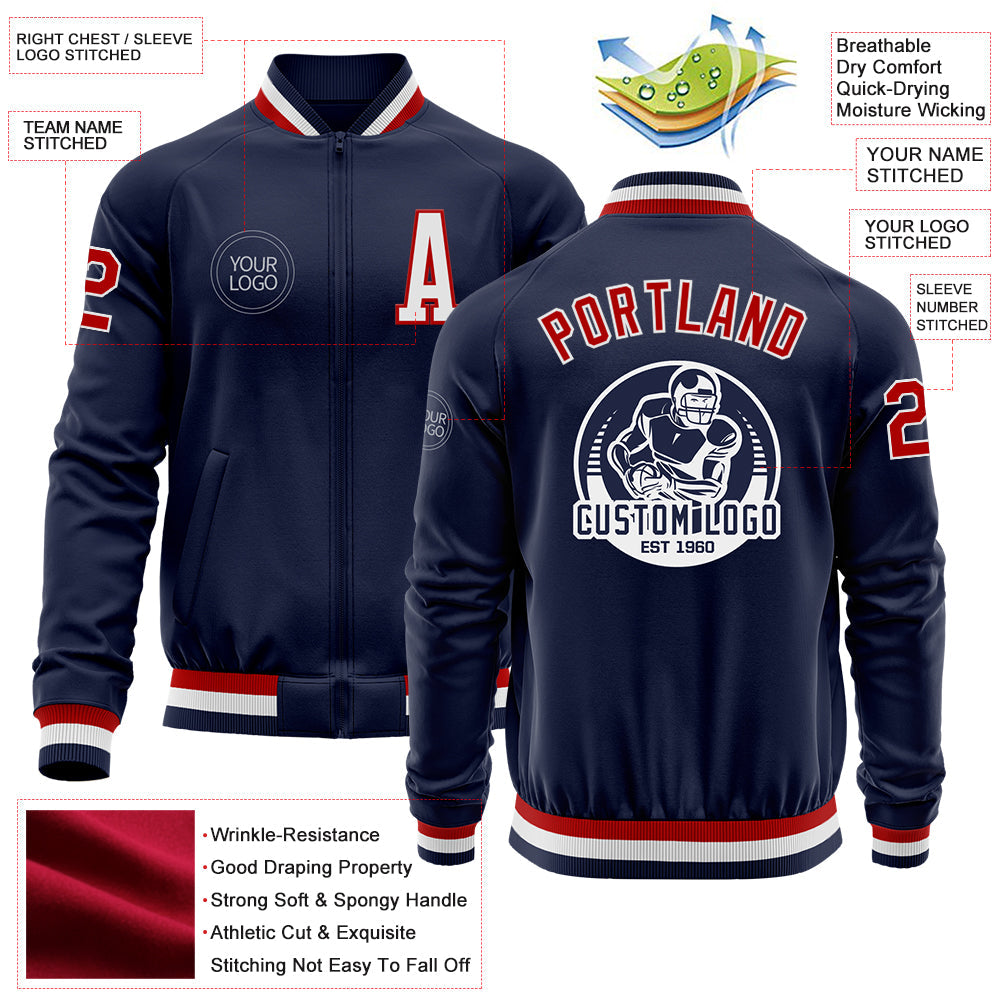 Custom Navy Red-White Bomber Varsity Letterman Zipper Jacket view 4