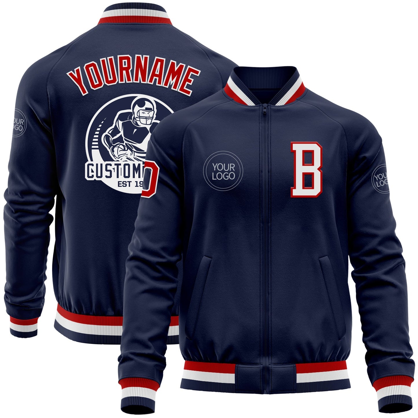 Custom Navy Red-White Bomber Varsity Letterman Zipper Jacket - Main View