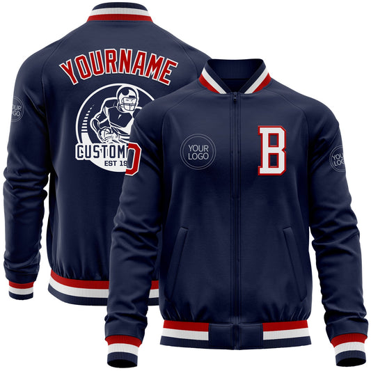 Custom Navy Red-White Bomber Varsity Letterman Zipper Jacket - Main View