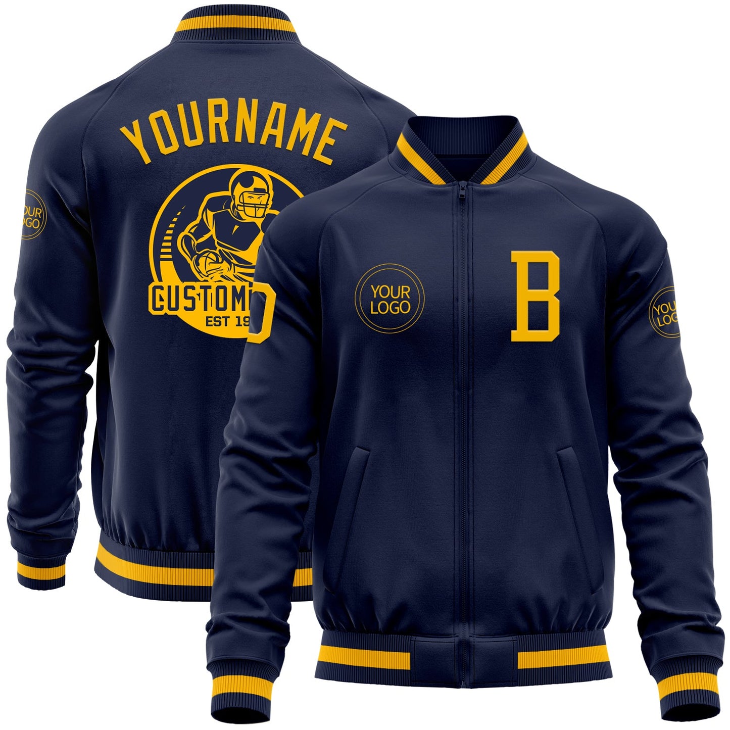 Custom Navy Gold Bomber Varsity Letterman Zipper Jacket - Main View