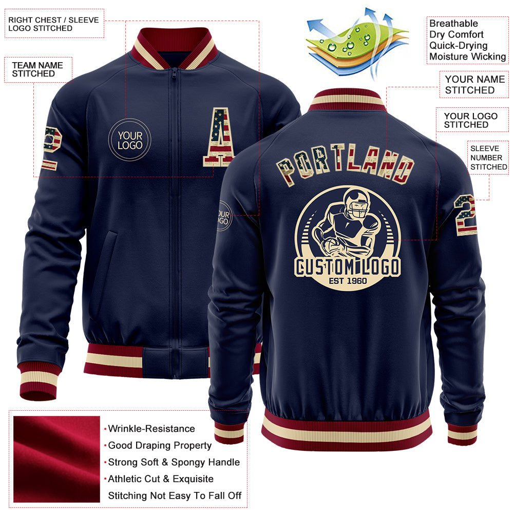 Custom Navy Vintage USA Flag Cream-Maroon Bomber Varsity Letterman Zipper Jacket view 4