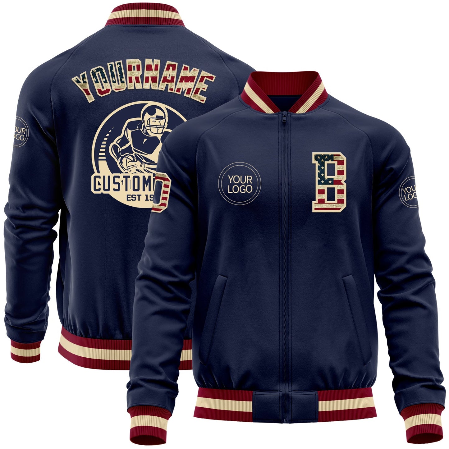 Custom Navy Vintage USA Flag Cream-Maroon Bomber Varsity Letterman Zipper Jacket - Main View