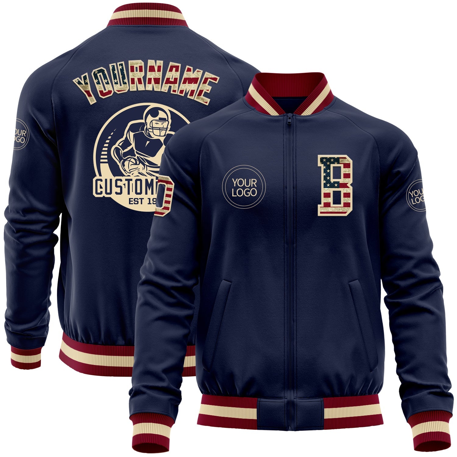 Custom Navy Vintage USA Flag Cream-Maroon Bomber Varsity Letterman Zipper Jacket - Main View