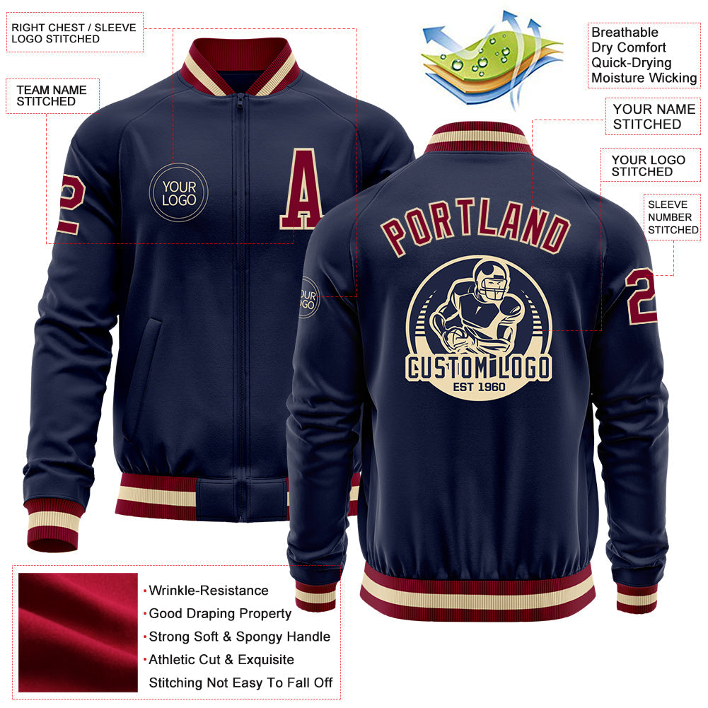 Custom Navy Maroon-Cream Bomber Varsity Letterman Zipper Jacket view 4