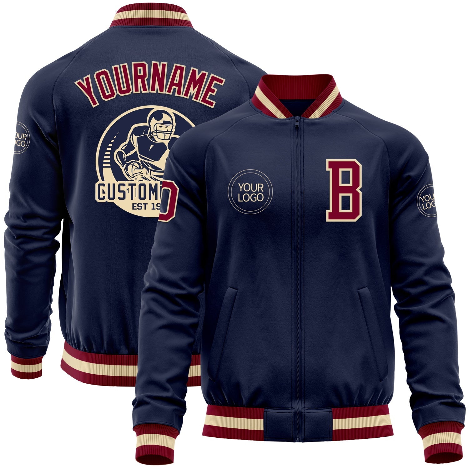 Custom Navy Maroon-Cream Bomber Varsity Letterman Zipper Jacket - Main View