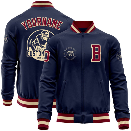 Custom Navy Maroon-Cream Bomber Varsity Letterman Zipper Jacket - Main View