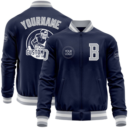 Custom Navy Gray-White Bomber Varsity Letterman Zipper Jacket - Main View