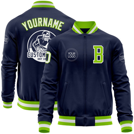 Custom Navy White-Neon Green Bomber Varsity Letterman Zipper Jacket - Main View